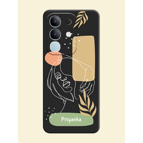 Custom Text With Line Art Of Women & Leaves Design On Space Black Custom Soft Matte Mobile Back Cover - Vivo Y31 Pro 5G Custom Text With Line Art Of Women & Leaves Design On Space Black Custom Soft Matte Mobile Back Cover - Vivo Y31 Pro 5G
