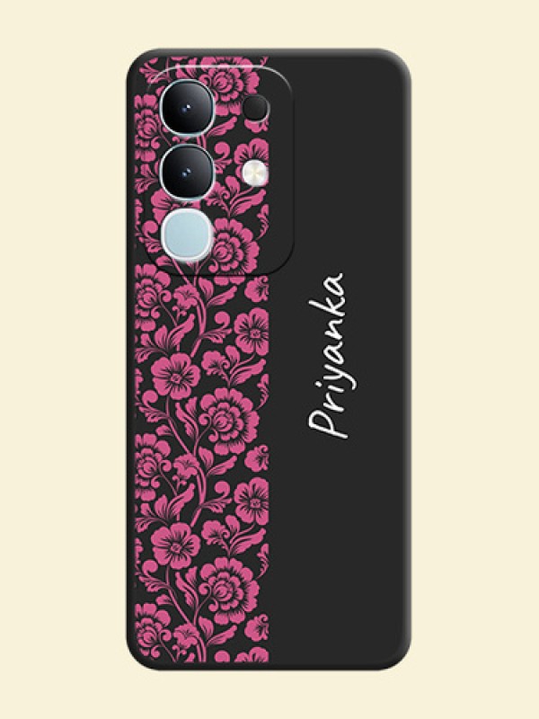 Pink Floral Pattern Design With Custom Text On Space Black Custom Soft Matte Mobile Back Cover - Vivo Y31 Pro 5G