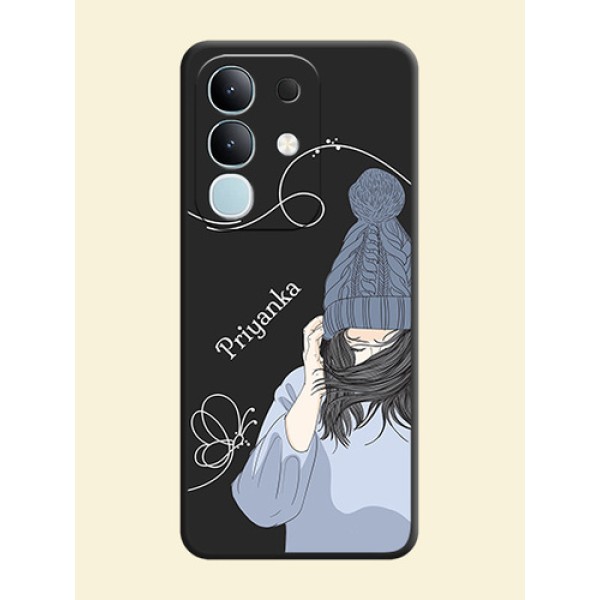 Girl With Blue Winter Outfiit Custom Text Design On Space Black Custom Soft Matte Mobile Back Cover - Vivo Y31 Pro 5G Girl With Blue Winter Outfiit Custom Text Design On Space Black Custom Soft Matte Mobile Back Cover - Vivo Y31 Pro 5G