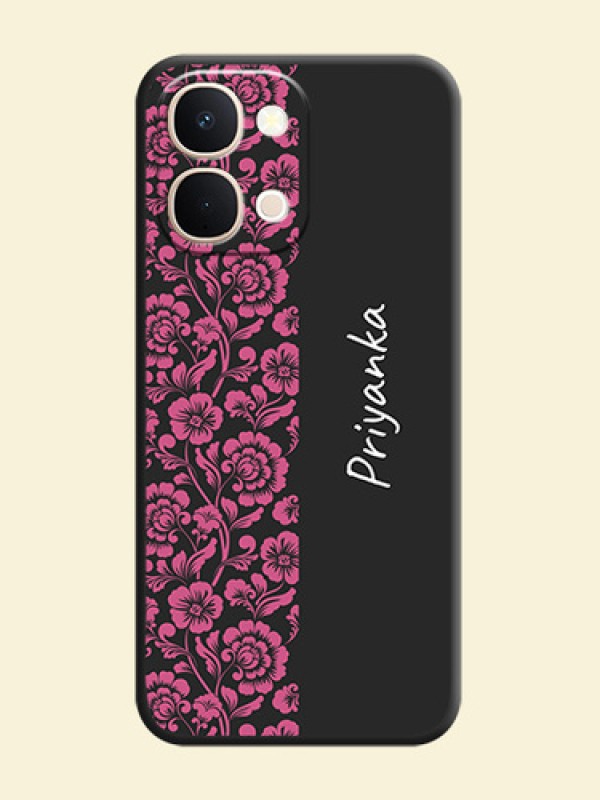 Pink Floral Pattern Design With Custom Text On Space Black Custom Soft Matte Mobile Back Cover - Vivo Y31t 5G