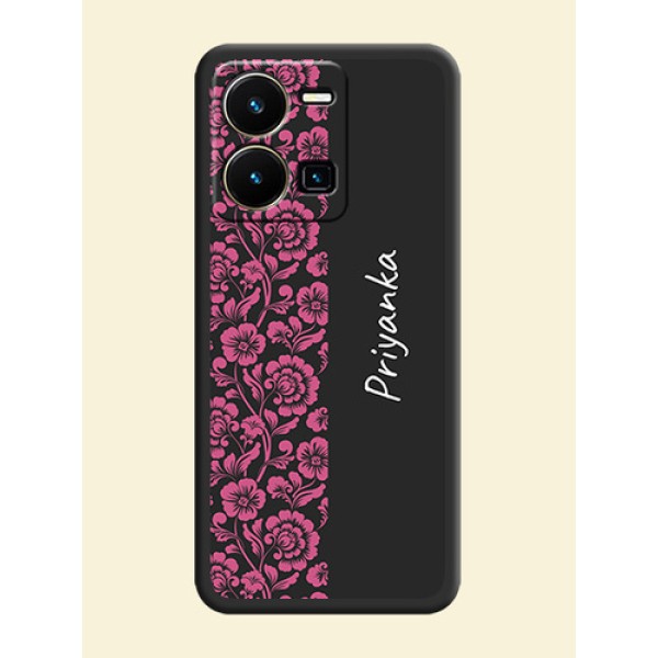 Pink Floral Pattern Design With Custom Text On Space Black Personalized Soft Matte Phone Covers -Vivo Y35 Pink Floral Pattern Design With Custom Text On Space Black Personalized Soft Matte Phone Covers -Vivo Y35