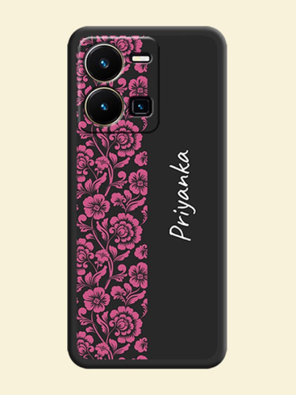 Pink Floral Pattern Design With Custom Text On Space Black Personalized Soft Matte Phone Covers -Vivo Y35