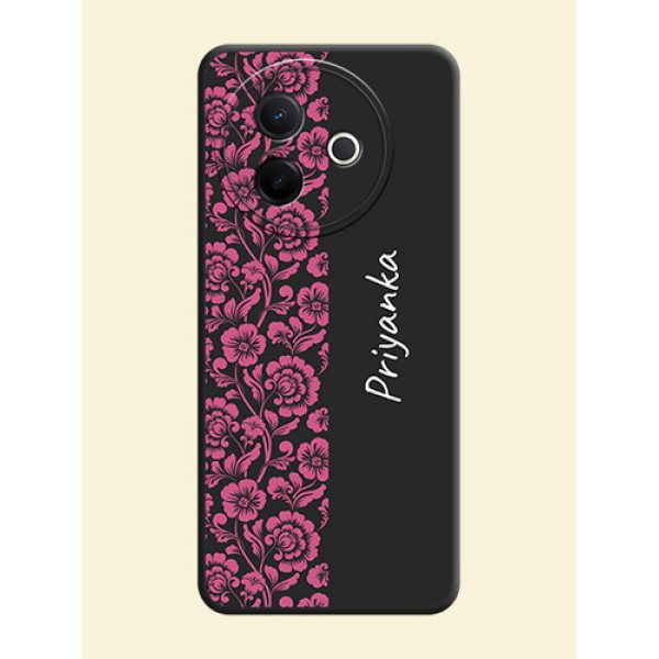Pink Floral Pattern Design With Custom Text On Space Black Custom Soft Matte Mobile Back Cover - Vivo Y39 5G Pink Floral Pattern Design With Custom Text On Space Black Custom Soft Matte Mobile Back Cover - Vivo Y39 5G