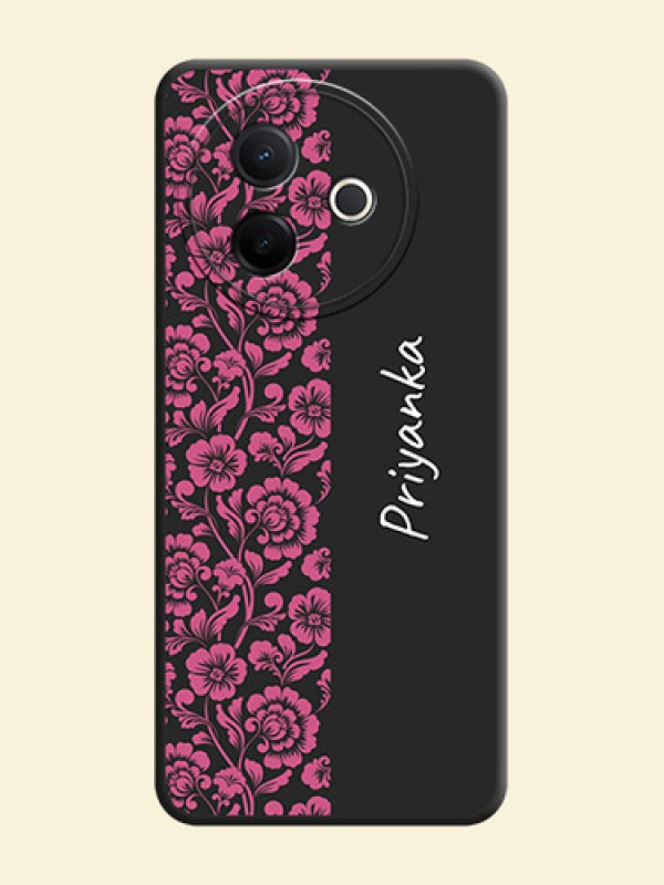 Pink Floral Pattern Design With Custom Text On Space Black Custom Soft Matte Mobile Back Cover - Vivo Y39 5G