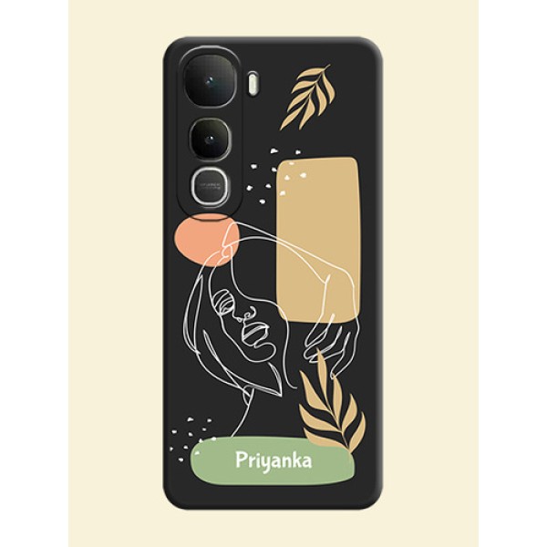 Custom Text With Line Art Of Women & Leaves Design On Space Black Custom Soft Matte Mobile Back Cover - Vivo Y400 5G Custom Text With Line Art Of Women & Leaves Design On Space Black Custom Soft Matte Mobile Back Cover - Vivo Y400 5G