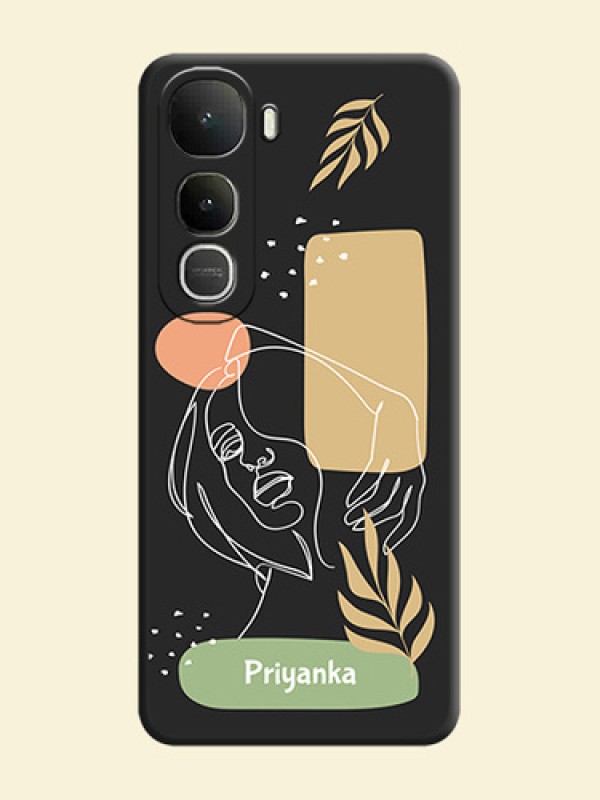 Custom Text With Line Art Of Women & Leaves Design On Space Black Custom Soft Matte Mobile Back Cover - Vivo Y400 5G