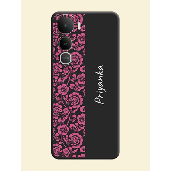 Pink Floral Pattern Design With Custom Text On Space Black Custom Soft Matte Mobile Back Cover - Vivo Y400 5G Pink Floral Pattern Design With Custom Text On Space Black Custom Soft Matte Mobile Back Cover - Vivo Y400 5G