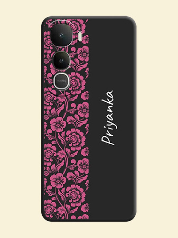 Pink Floral Pattern Design With Custom Text On Space Black Custom Soft Matte Mobile Back Cover - Vivo Y400 5G