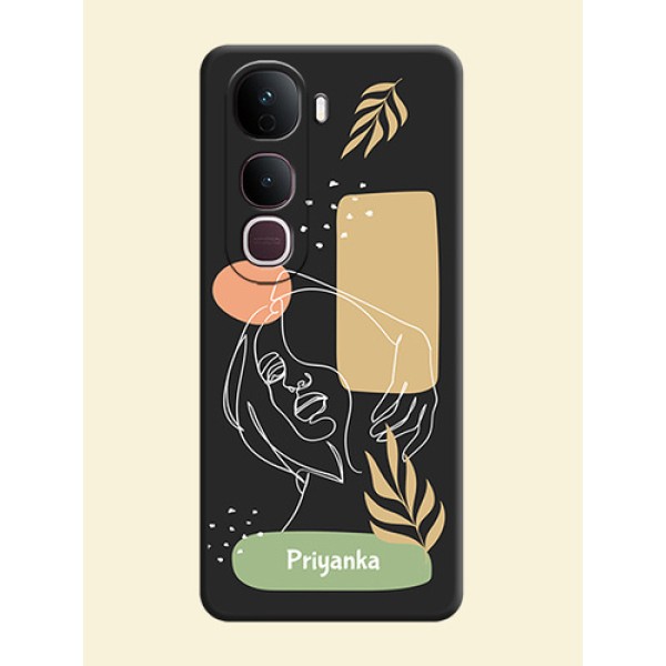 Custom Text With Line Art Of Women & Leaves Design On Space Black Custom Soft Matte Mobile Back Cover - Vivo Y400 Pro 5G Custom Text With Line Art Of Women & Leaves Design On Space Black Custom Soft Matte Mobile Back Cover - Vivo Y400 Pro 5G