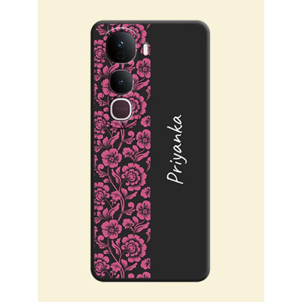 Pink Floral Pattern Design With Custom Text On Space Black Custom Soft Matte Mobile Back Cover - Vivo Y400 Pro 5G Pink Floral Pattern Design With Custom Text On Space Black Custom Soft Matte Mobile Back Cover - Vivo Y400 Pro 5G
