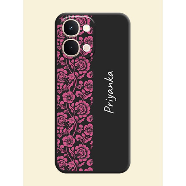 Pink Floral Pattern Design With Custom Text On Space Black Custom Soft Matte Mobile Back Cover - Vivo Y51 Pro 5G Pink Floral Pattern Design With Custom Text On Space Black Custom Soft Matte Mobile Back Cover - Vivo Y51 Pro 5G
