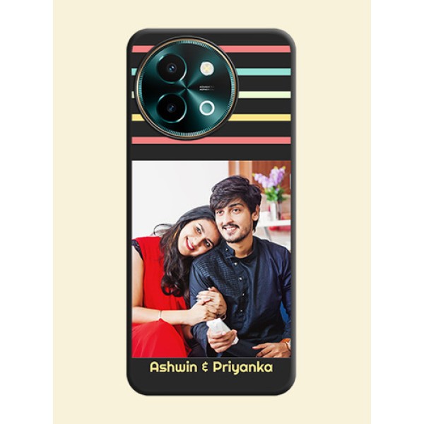 Color Stripes with Photo and Text on Photo On Space Black Custom Soft Matte Mobile Back Cover - Vivo Y58 5G Color Stripes with Photo and Text on Photo On Space Black Custom Soft Matte Mobile Back Cover - Vivo Y58 5G