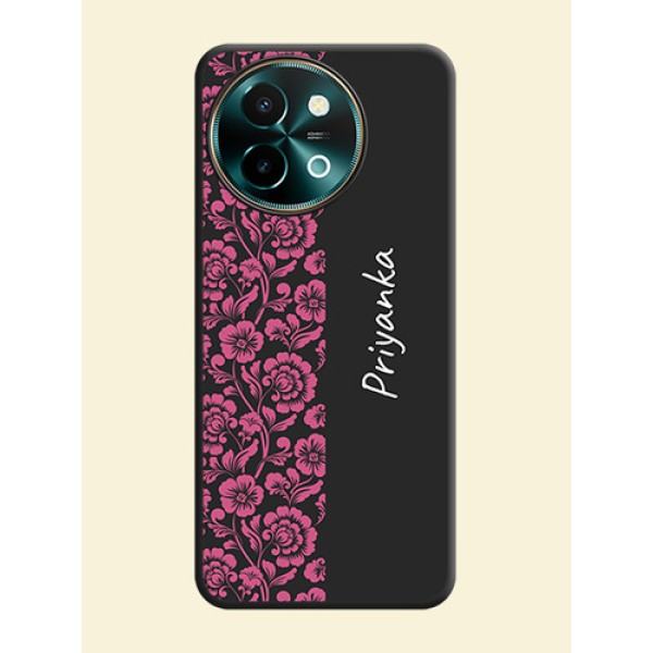 Pink Floral Pattern Design With Custom Text On Space Black Custom Soft Matte Mobile Back Cover - Vivo Y58 5G Pink Floral Pattern Design With Custom Text On Space Black Custom Soft Matte Mobile Back Cover - Vivo Y58 5G