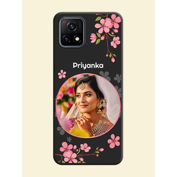 Round Image with Pink Color Floral Design on Photo on Space Black Soft Matte Back Cover - Vivo Y72 5G