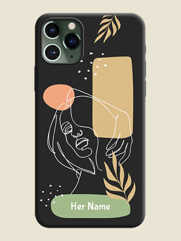 Custom Custom Text With Line Art Of Women & Leaves Design On Space Black Personalized Soft Matte Phone Covers -Apple Iphone 11 Pro - alternate view