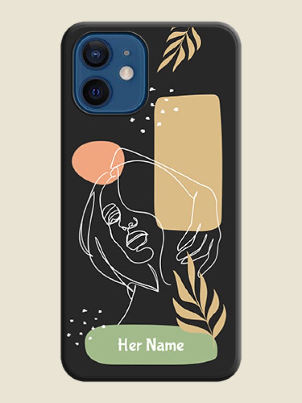 Custom Custom Text With Line Art Of Women & Leaves Design On Space Black Personalized Soft Matte Phone Covers -Apple Iphone 12 Mini - alternate view