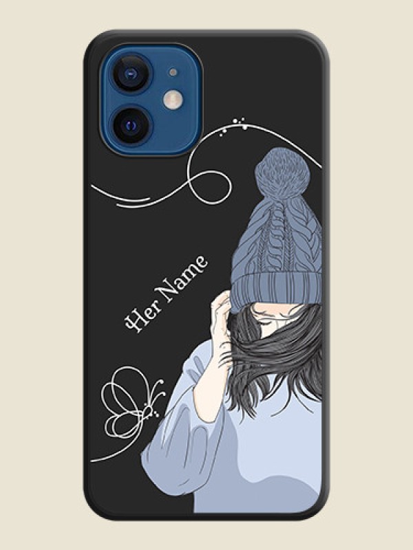 Custom Girl With Blue Winter Outfiit Custom Text Design On Space Black Personalized Soft Matte Phone Covers -Apple Iphone 12 Mini - alternate view