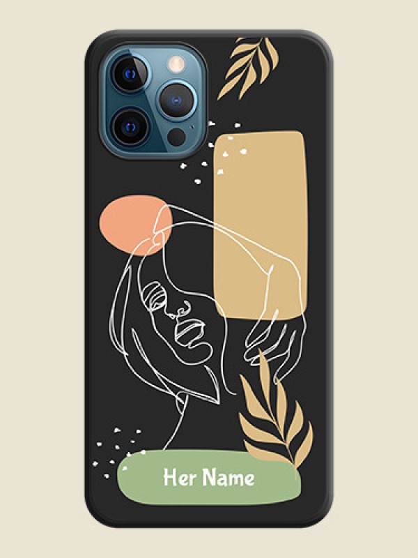 Custom Custom Text With Line Art Of Women & Leaves Design On Space Black Personalized Soft Matte Phone Covers -Apple Iphone 12 Pro - alternate view