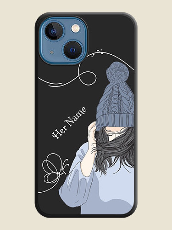 Custom Girl With Blue Winter Outfiit Custom Text Design On Space Black Personalized Soft Matte Phone Covers -Apple Iphone 13 Mini - alternate view