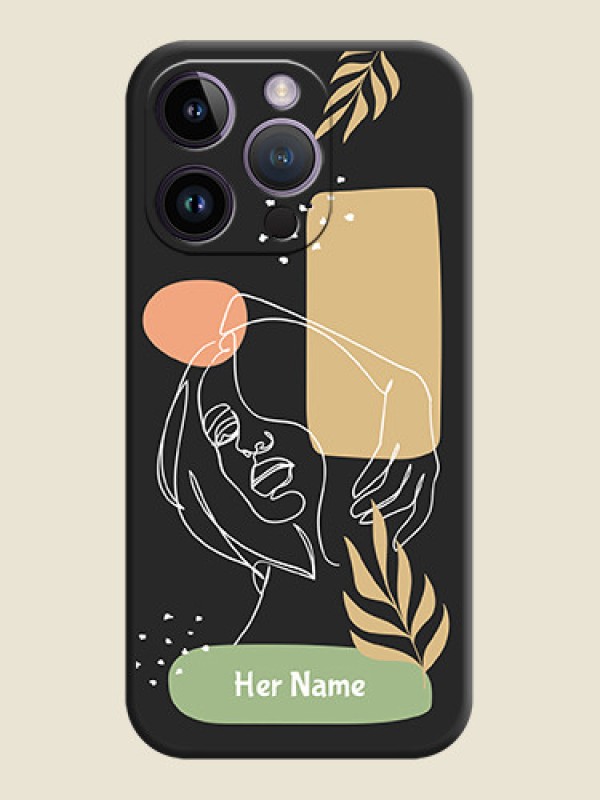 Custom Custom Text With Line Art Of Women & Leaves Design On Space Black Personalized Soft Matte Phone Covers -Apple Iphone 14 Pro