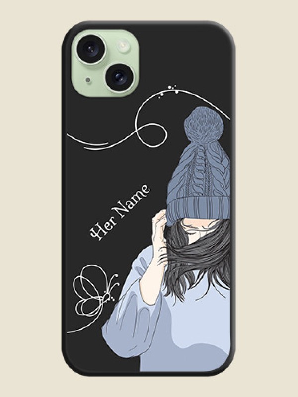 Custom Girl With Blue Winter Outfiit Custom Text Design On Space Black Personalized Soft Matte Phone Covers - iPhone 15 Plus - alternate view
