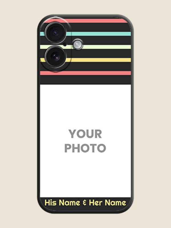 Custom Color Stripes with Photo and Text on Photo On Space Black Custom Soft Matte Mobile Back Cover - iPhone 16 - alternate view