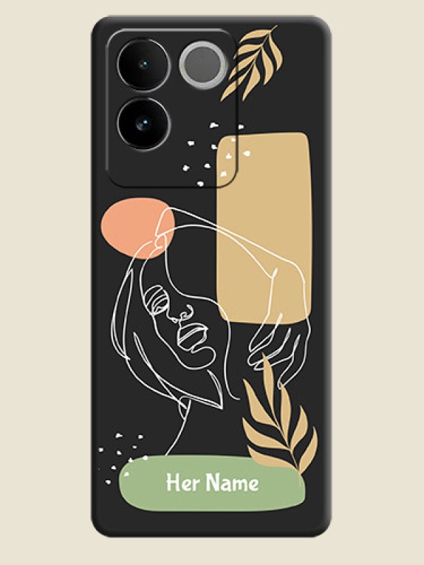 Custom Custom Text With Line Art Of Women & Leaves Design On Space Black Personalized Soft Matte Phone Covers - iQOO Z7 Pro 5G - alternate view