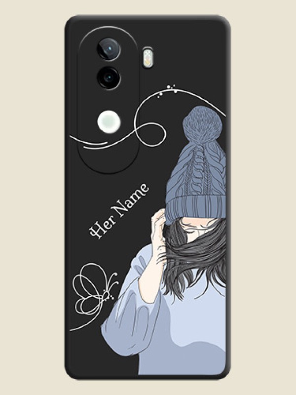 Custom Girl With Blue Winter Outfiit Custom Text Design On Space Black Custom Soft Matte Mobile Back Cover - iQOO Z9s 5G - alternate view