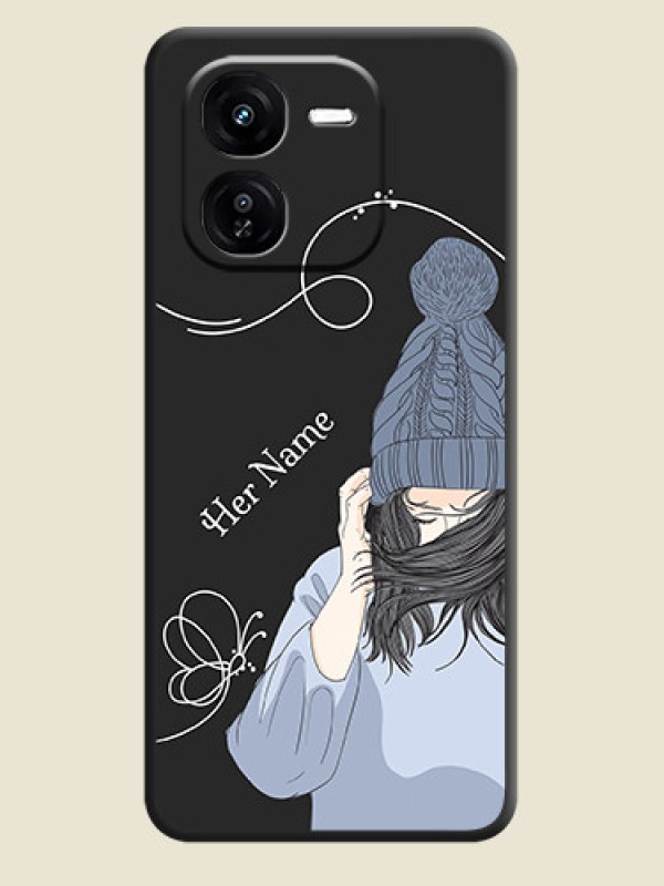 Custom Girl With Blue Winter Outfiit Custom Text Design On Space Black Custom Soft Matte Mobile Back Cover - iQOO Z9X 5G - alternate view