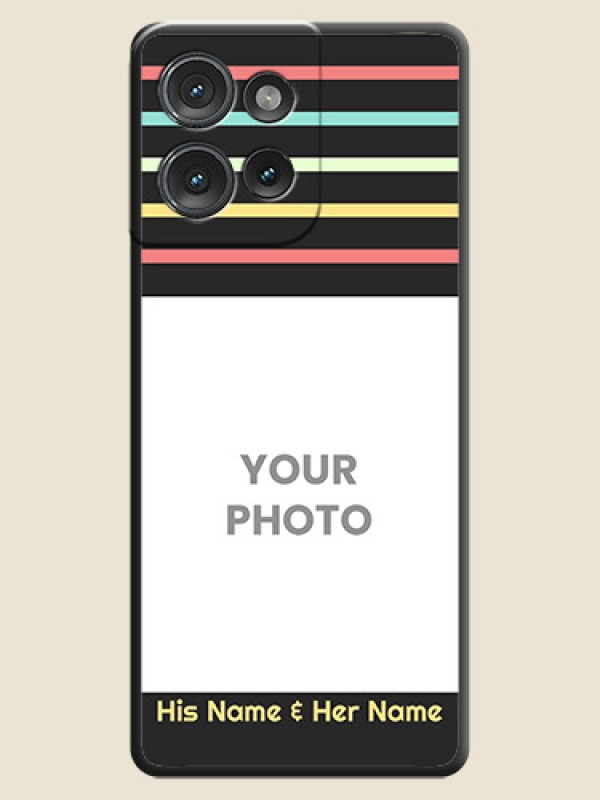 Custom Color Stripes with Photo and Text on Photo On Space Black Custom Soft Matte Mobile Back Cover - Motorola Edge 50 - alternate view
