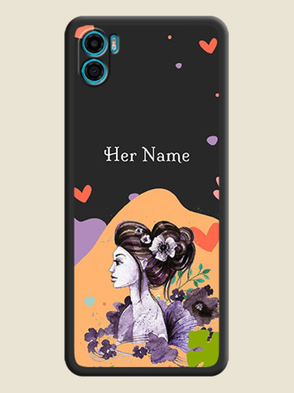 Custom Namecase For Her With Fancy Lady Image On Space Black Personalized Soft Matte Phone Covers -Motorola Moto E22S - alternate view