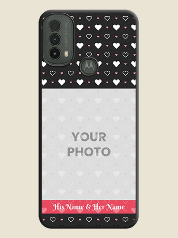 Custom White Color Love Symbols with Text Design on Photo On Space Black Custom Soft Matte Mobile Back Cover - Motorola Moto E30 - alternate view