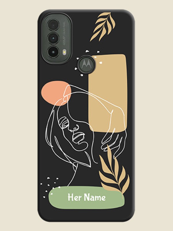 Custom Custom Text With Line Art Of Women & Leaves Design On Space Black Custom Soft Matte Mobile Back Cover - Motorola Moto E30 - alternate view