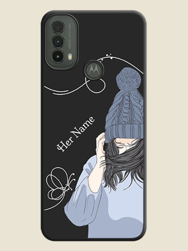 Custom Girl With Blue Winter Outfiit Custom Text Design On Space Black Custom Soft Matte Mobile Back Cover - Motorola Moto E30 - alternate view