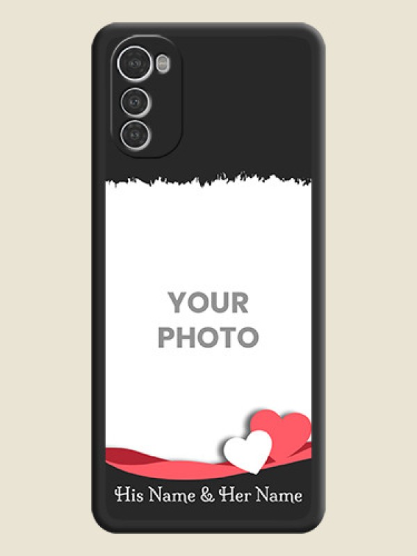 Custom Pin Color Love Shaped Ribbon Design with Text on Space Black Custom Soft Matte Phone Back Cover - Motorola Moto E32s - alternate view