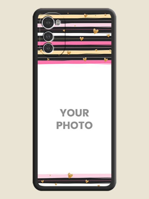 Custom Multicolor Lines and Golden Love Symbols Design on Photo on Space Black Soft Matte Mobile Cover - Motorola Moto E32s - alternate view