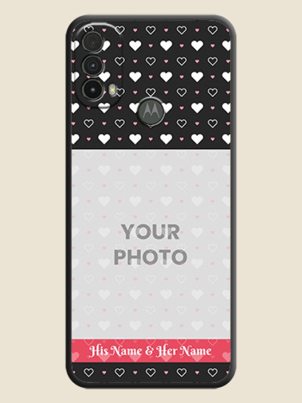 Custom White Color Love Symbols with Text Design on Photo on Space Black Soft Matte Phone Cover - Moto E40 - alternate view