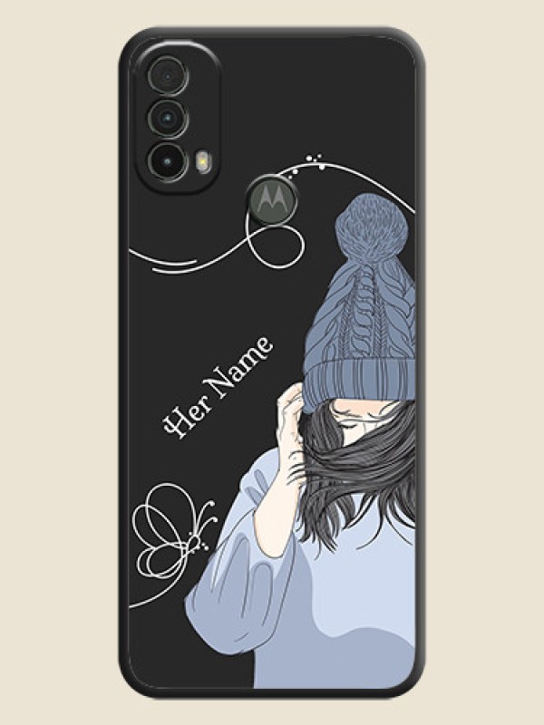 Custom Girl With Blue Winter Outfiit Custom Text Design On Space Black Personalized Soft Matte Phone Covers -Motorola Moto E40 - alternate view