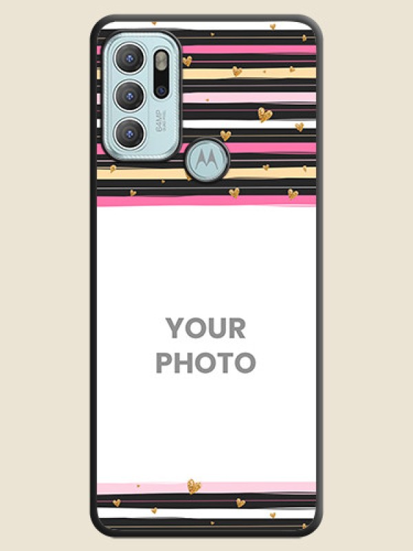 Custom Multicolor Lines and Golden Love Symbols Design on Photo on Space Black Soft Matte Mobile Cover - Moto G60s - alternate view