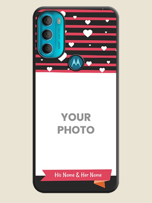 Custom White Color Love Symbols with Pink Lines Pattern on Space Black Custom Soft Matte Phone Cases - Moto G71 5G - alternate view