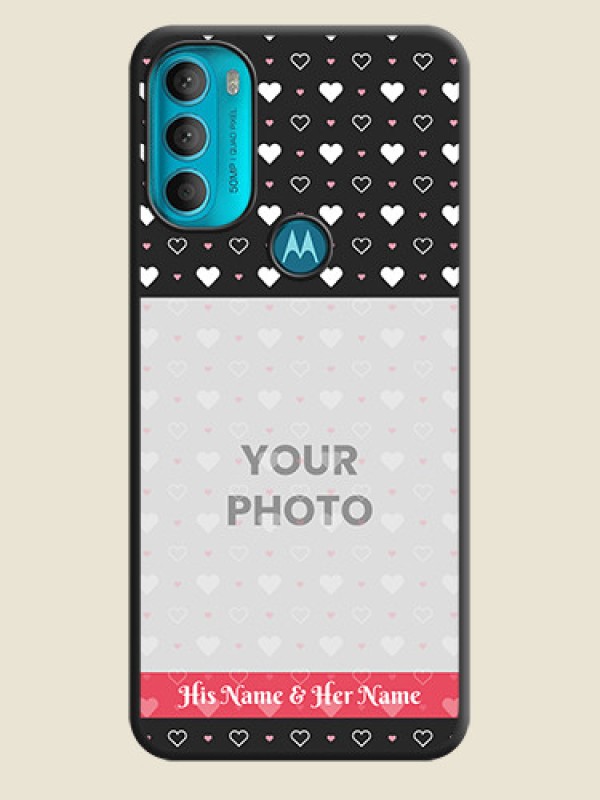 Custom White Color Love Symbols with Text Design on Photo on Space Black Soft Matte Phone Cover - Moto G71 5G - alternate view