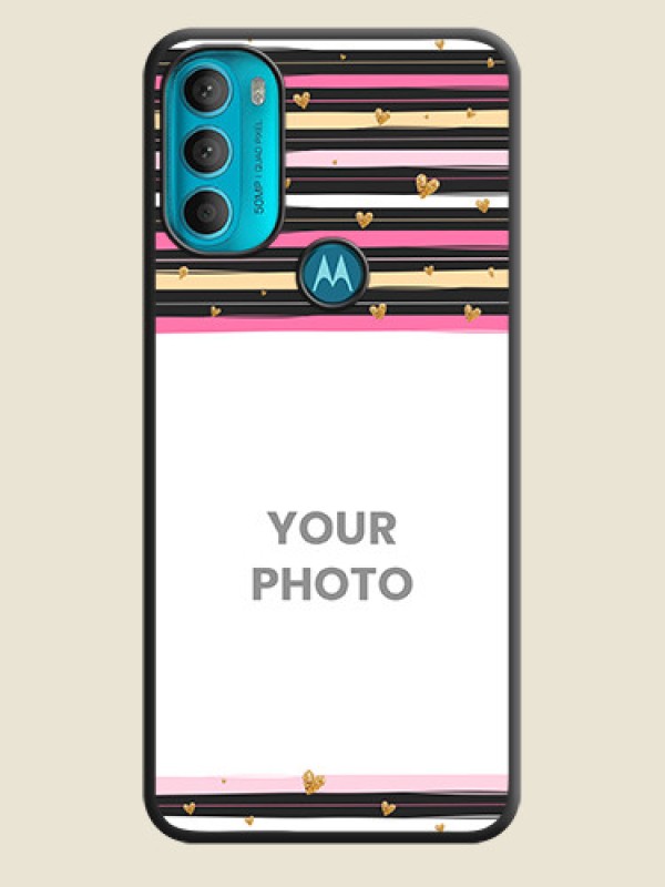 Custom Multicolor Lines and Golden Love Symbols Design on Photo on Space Black Soft Matte Mobile Cover - Moto G71 5G - alternate view