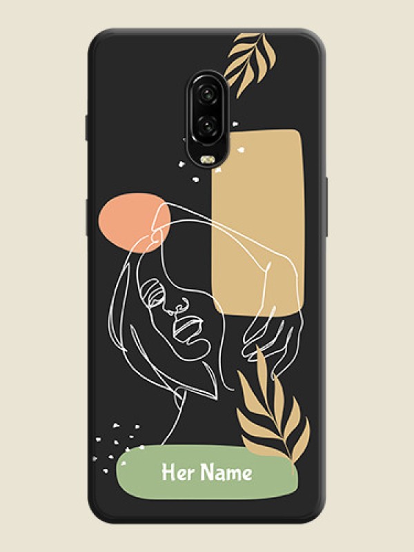 Custom Custom Text With Line Art Of Women & Leaves Design On Space Black Personalized Soft Matte Phone Covers -Oneplus 7 - alternate view