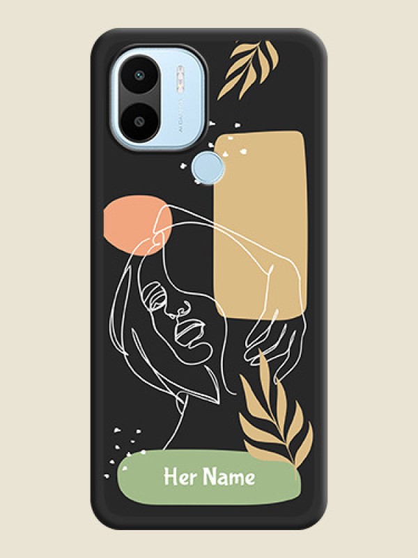 Custom Custom Text With Line Art Of Women & Leaves Design On Space Black Personalized Soft Matte Phone Covers -Poco C50 - alternate view