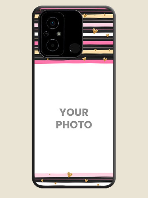 Custom Multicolor Lines and Golden Love Symbols Design on Photo on Space Black Soft Matte Mobile Cover - Poco C55 - alternate view