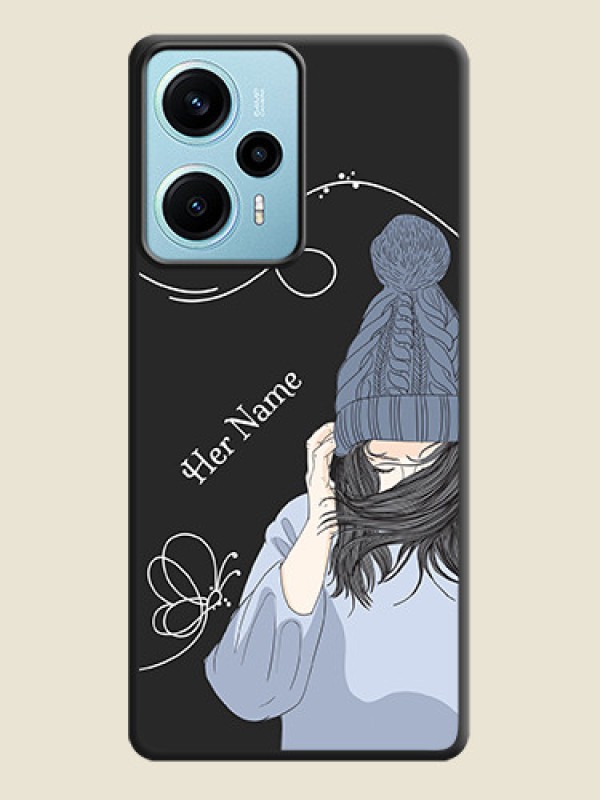 Custom Girl With Blue Winter Outfiit Custom Text Design On Space Black Custom Soft Matte Mobile Back Cover - Poco F5 - alternate view