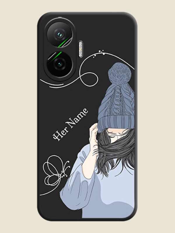 Custom Girl With Blue Winter Outfiit Custom Text Design On Space Black Custom Soft Matte Mobile Back Cover - Poco F7 5G - alternate view