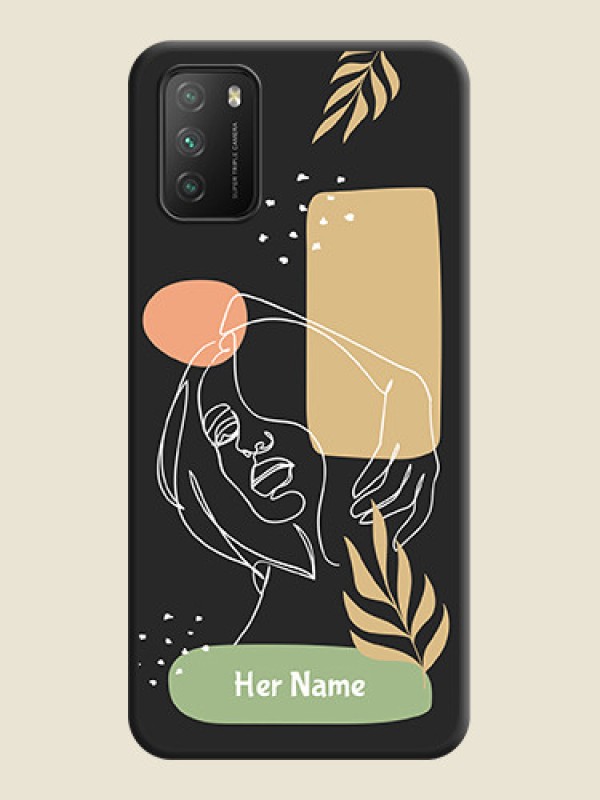 Custom Custom Text With Line Art Of Women & Leaves Design On Space Black Personalized Soft Matte Phone Covers -Poco M3 - alternate view