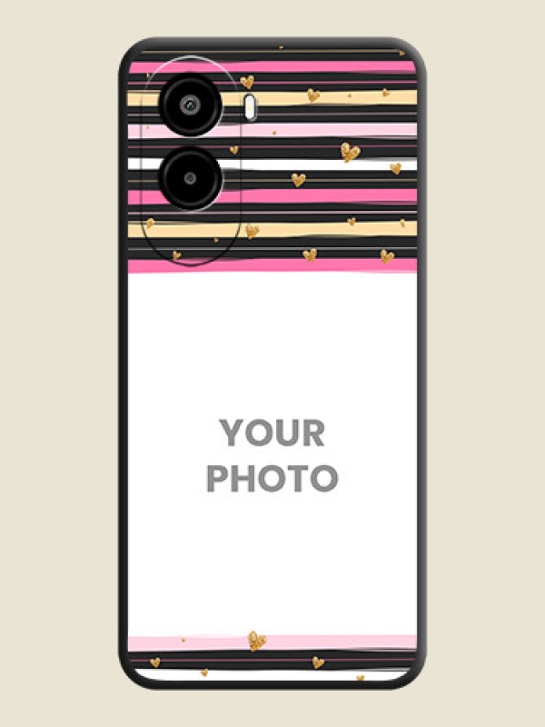 Custom Multicolor Lines and Golden Love Symbols Design on Photo On Space Black Custom Soft Matte Mobile Back Cover - Poco M7 Plus 5G - alternate view