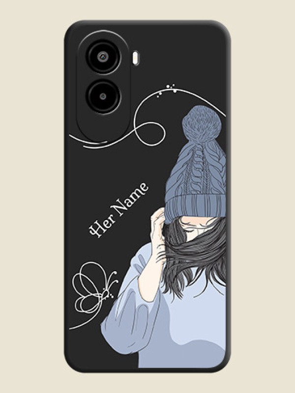 Custom Girl With Blue Winter Outfiit Custom Text Design On Space Black Custom Soft Matte Mobile Back Cover - Poco M7 Plus 5G - alternate view